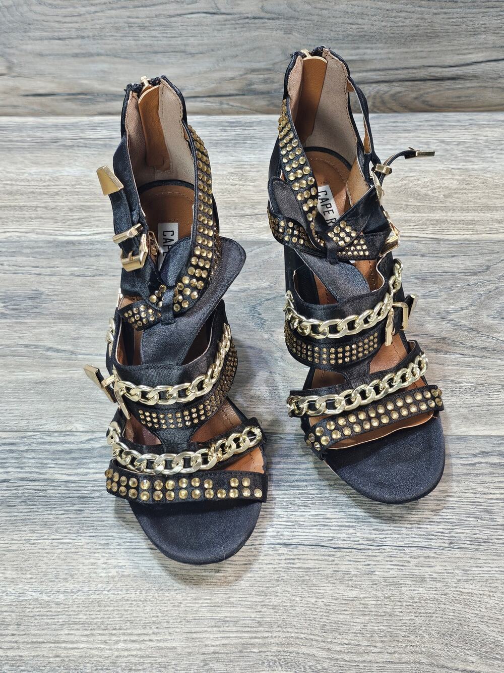 Cape Robbin Black Embellished Chain Block Heel Sandals Women's Size 6M